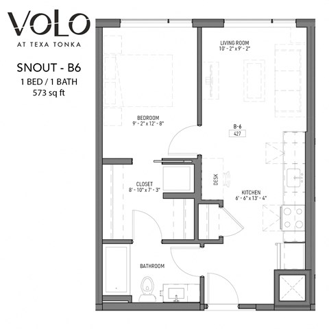 Floor plan for 1 bed, 1 bath, 573 sqft