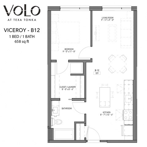 Floor plan for 1 bed, 1 bath, 658 sqft