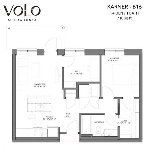 Floor plan for 1 bed, 1 bath, 710 sqft