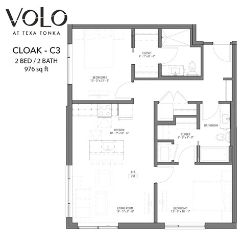 Floor plan for 2 beds, 2 baths, 976 sqft
