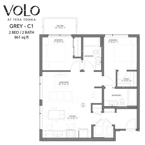 Floor plan for 2 beds, 2 baths, 861 sqft