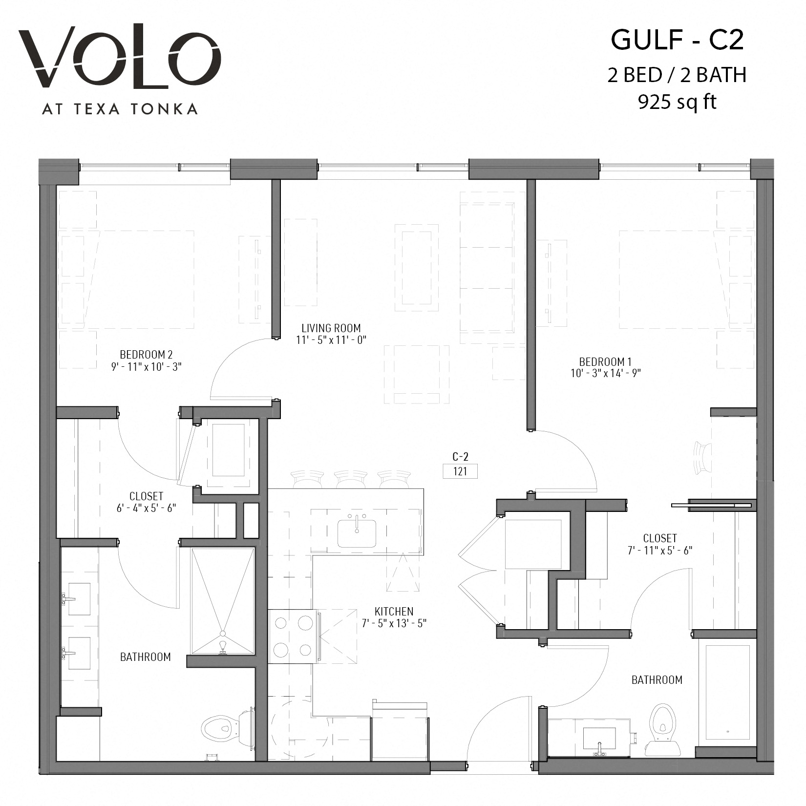 Floor plan for 2 beds, 2 baths, 929 sqft