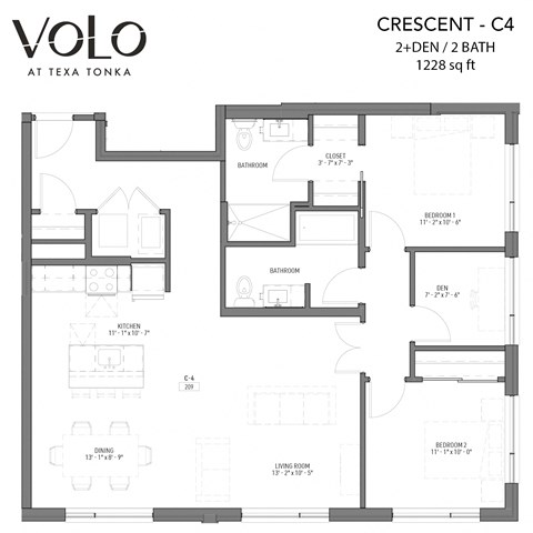 Floor plan for 2 beds, 2 baths, 1228 sqft
