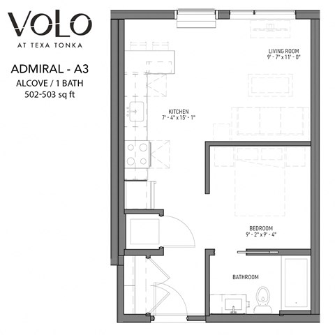Floor plan for studio, 1 bath, 503 sqft