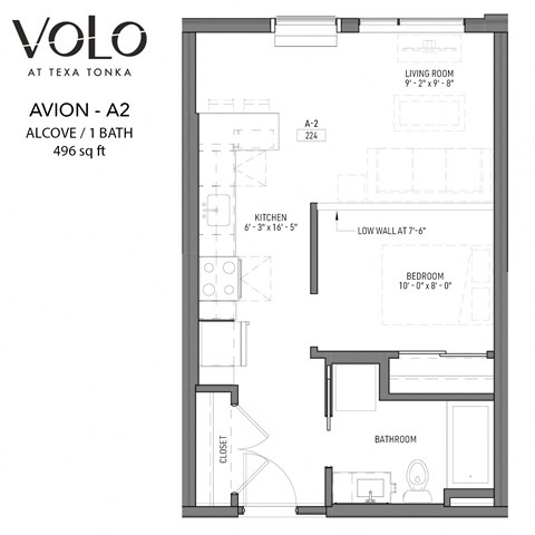 Floor plan for studio, 1 bath, 496 sqft