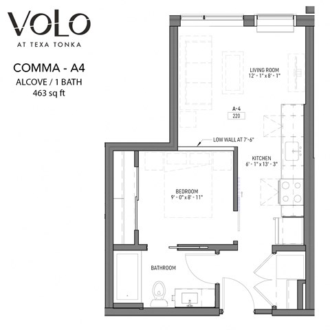 Floor plan for studio, 1 bath, 460 sqft