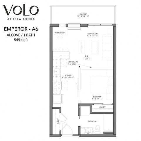 Floor plan for studio, 1 bath, 549 sqft