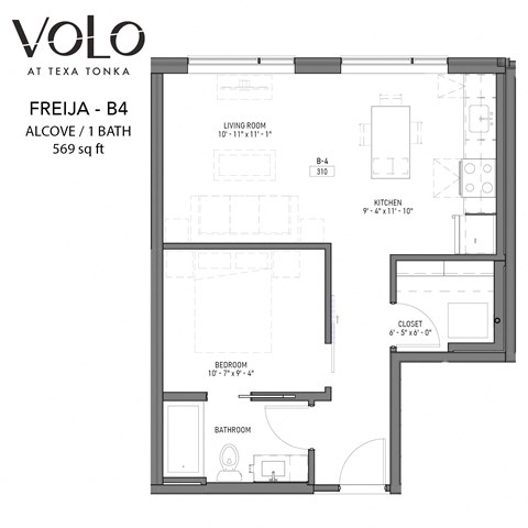 Floor plan for studio, 1 bath, 569 sqft