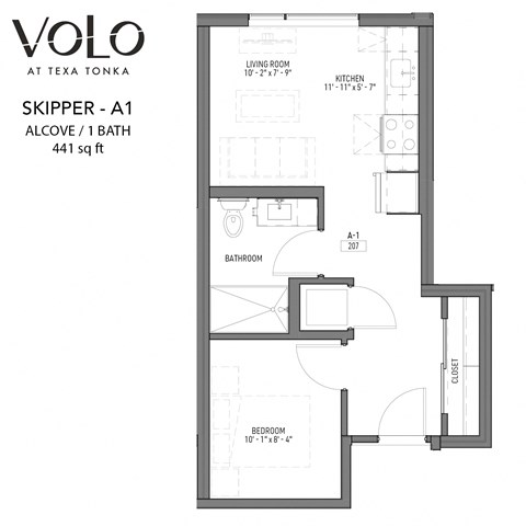 Floor plan for studio, 1 bath, 441 sqft