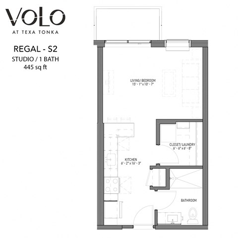 Floor plan for studio, 1 bath, 445 sqft