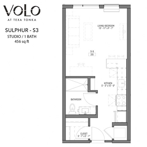 Floor plan for studio, 1 bath, 456 sqft