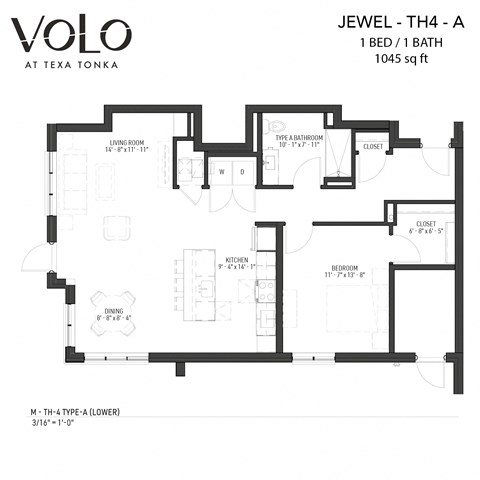 Floor plan for 1 bed, 1 bath, 1045 sqft