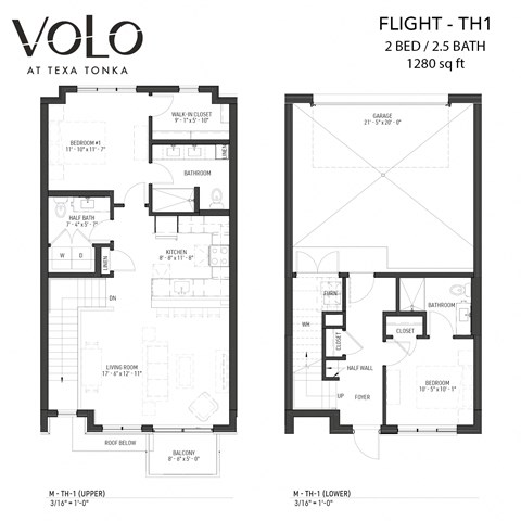 Floor plan for 2 beds, 2 baths, 1280 sqft