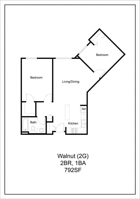 Floor plan for 2 beds, 1 bath, 792 sqft