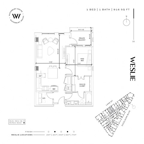 Floor plan for 1 bed, 1 bath, 916 sqft
