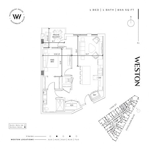 Floor plan for 1 bed, 1 bath, 855 sqft