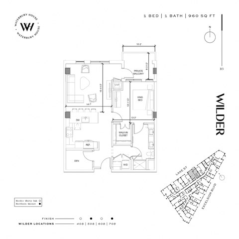 Floor plan for 1 bed, 1 bath, 960 sqft