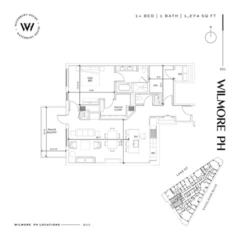 Floor plan for 1 bed, 1 bath, 1274 sqft