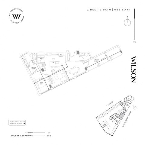 Floor plan for 1 bed, 1 bath, 986 sqft