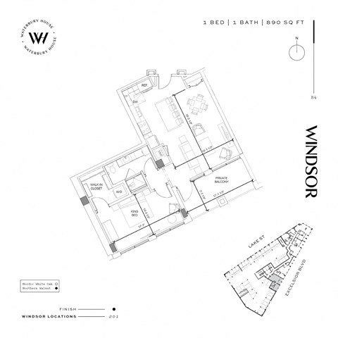 Floor plan for 1 bed, 1 bath, 890 sqft