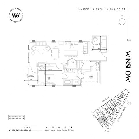 Floor plan for 1 bed, 1 bath, 1247 sqft
