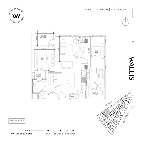 Floor plan for 2 beds, 2 baths, 1312 sqft