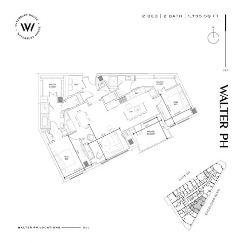 Floor plan for 2 beds, 2.5 baths, 1735 sqft
