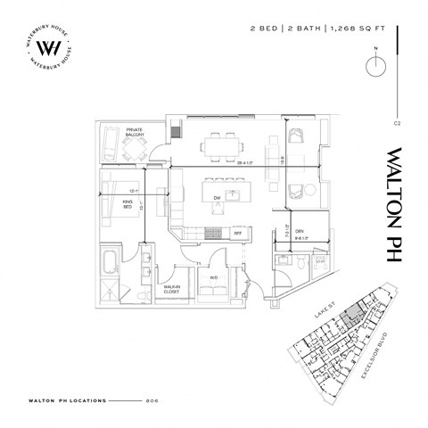 Floor plan for 1 bed, 1.5 baths, 1268 sqft