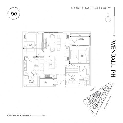 Floor plan for 2 beds, 2.5 baths, 1395 sqft