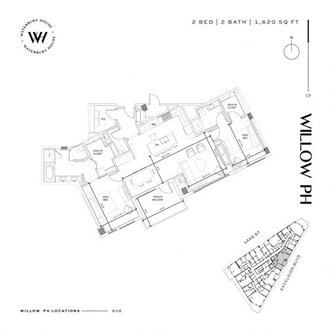 Floor plan for 2 beds, 2.5 baths, 1620 sqft