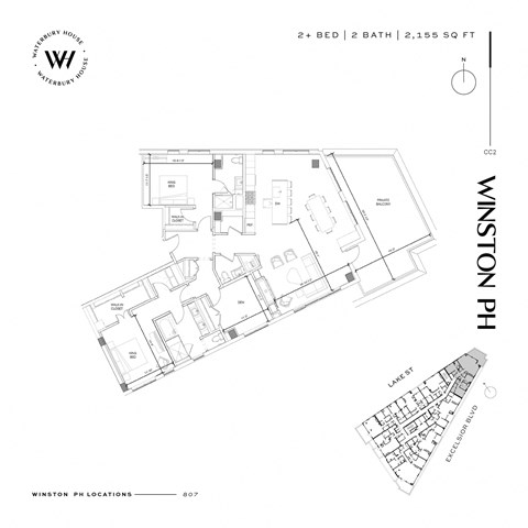 Floor plan for 2 beds, 2.5 baths, 2155 sqft