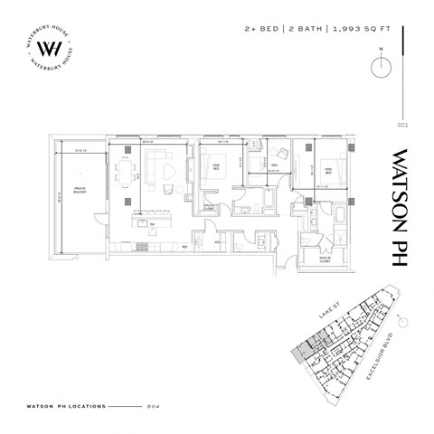Floor plan for 2 beds, 2.5 baths, 1993 sqft