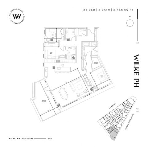 Floor plan for 2 beds, 2.5 baths, 2415 sqft