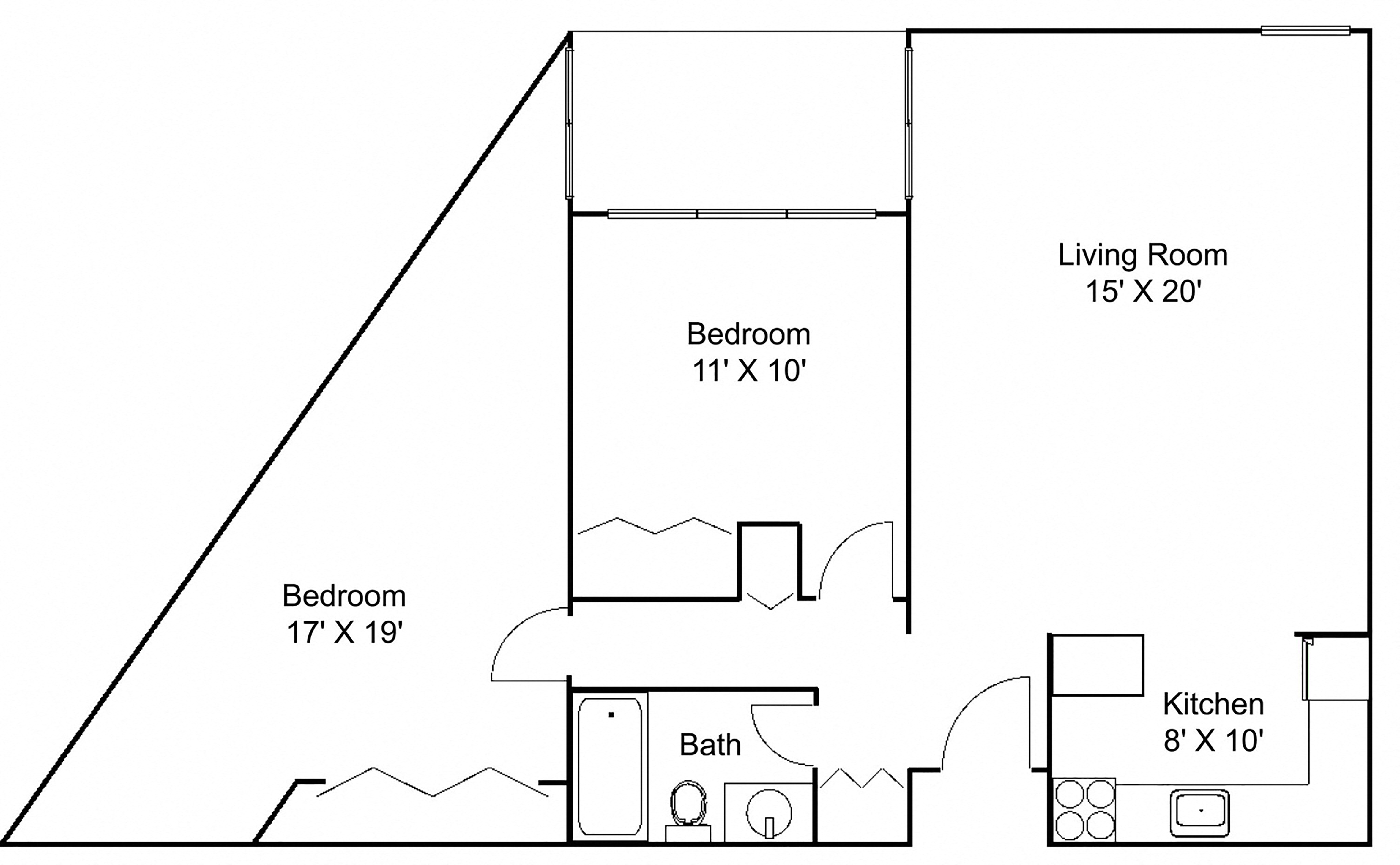 Floor plan for 2 beds, 1 bath, 900 sqft