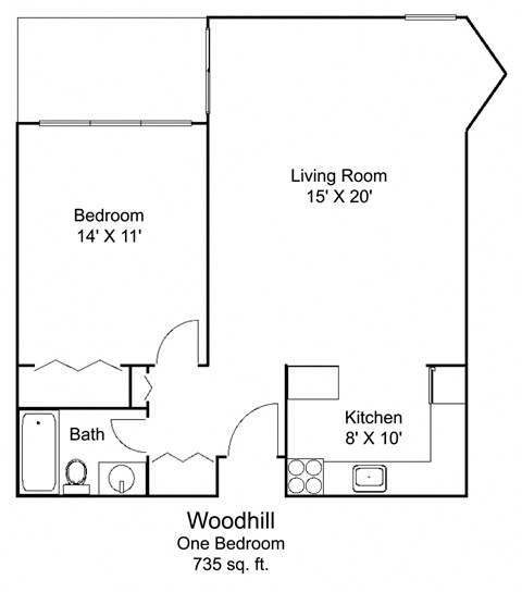 Floor plan for 1 bed, 1 bath, 735 sqft