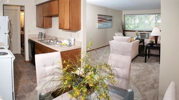 Minneapolis apartment for rent - a living room and a kitchen with a table and chairs