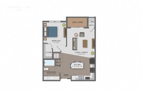 Floor plan for 1 bed, 1 bath, 717 sqft
