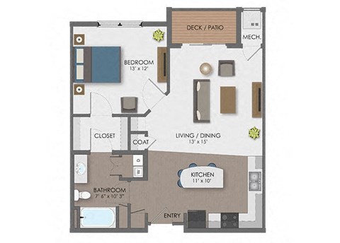 Floor plan for 1 bed, 1 bath, 758 sqft