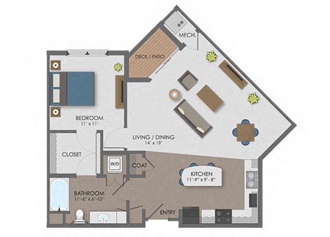Floor plan for 1 bed, 1 bath, 845 sqft