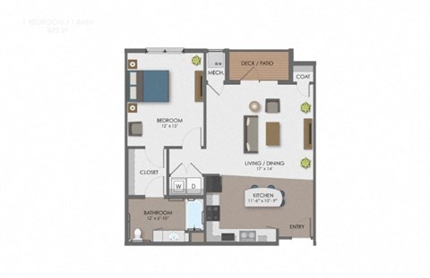 Floor plan for 1 bed, 1 bath, 875 sqft