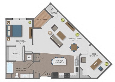 Floor plan for 1 bed, 1 bath, 963 sqft