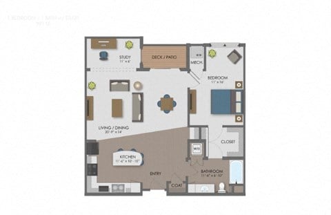 Floor plan for 1 bed, 1 bath, 991 sqft