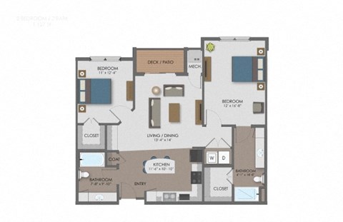 Floor plan for 2 beds, 2 baths, 1127 sqft