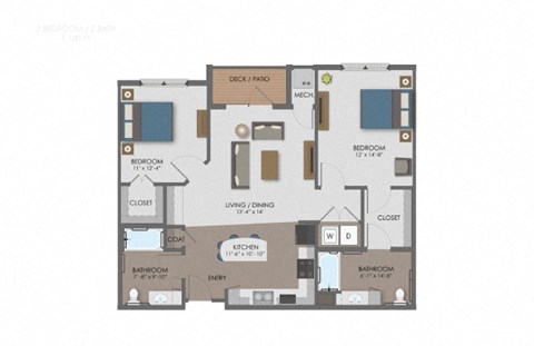 Floor plan for 2 beds, 2 baths, 1100 sqft