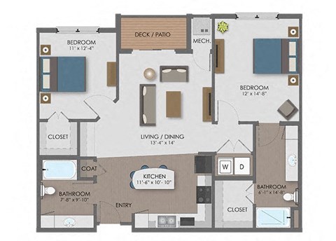 Floor plan for 2 beds, 2 baths, 1100 sqft