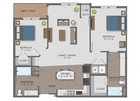 Floor plan for 2 beds, 2 baths, 1173 sqft