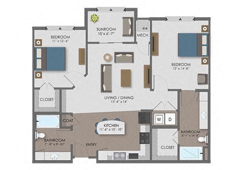 Floor plan for 2 beds, 2 baths, 1172 sqft