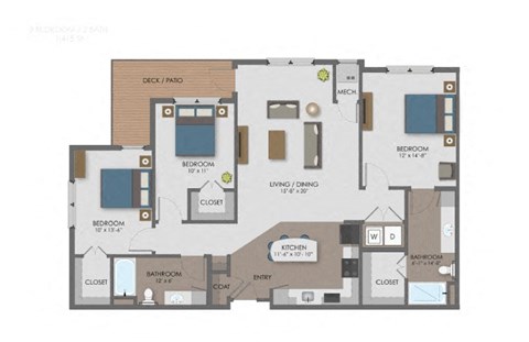 Floor plan for 3 beds, 2 baths, 1415 sqft