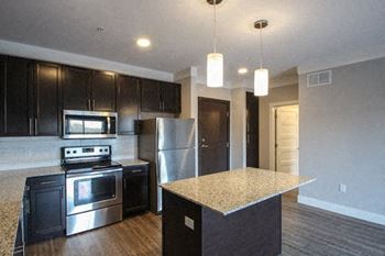 A kitchen with black cabinets and stainless steel appliances.