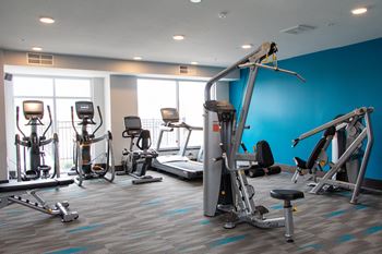 A gym with a variety of exercise equipment including treadmills, stationary bikes, and weight machines.